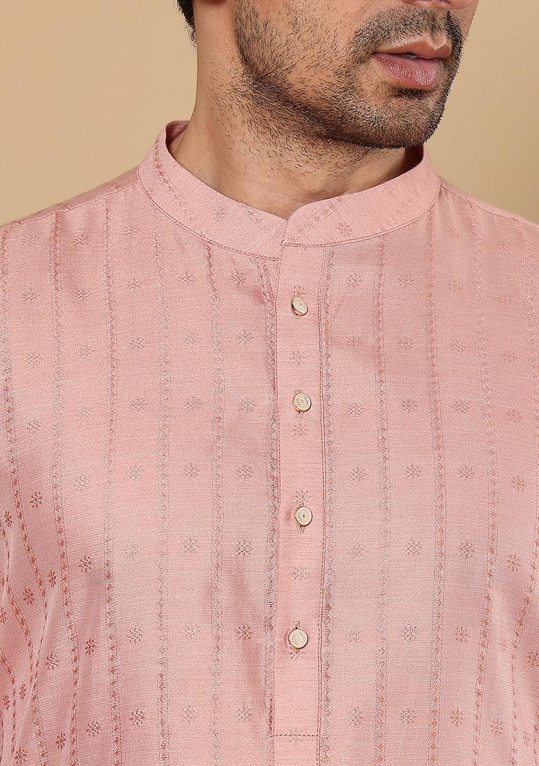 Pink Textured Viscose Silk Kurta For Men