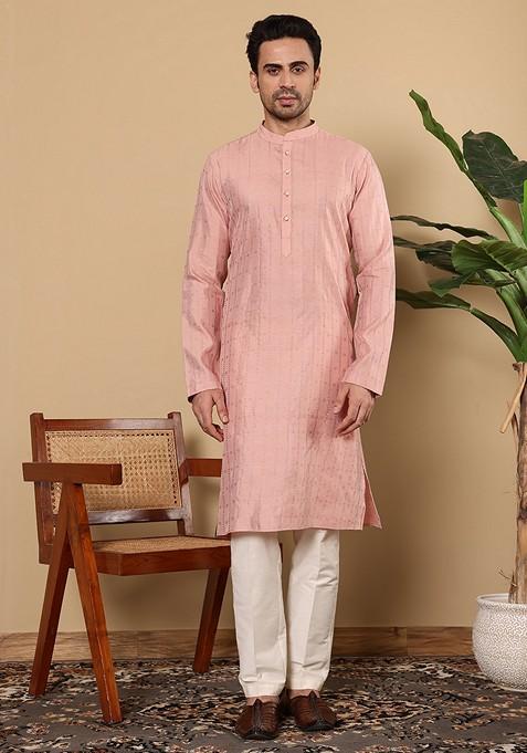 Pink Textured Viscose Silk Kurta For Men