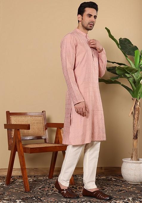 Pink Textured Viscose Silk Kurta For Men