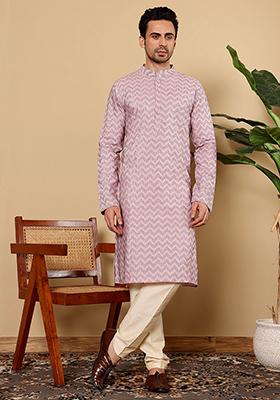 Pink Embellished Cotton Kurta For Men