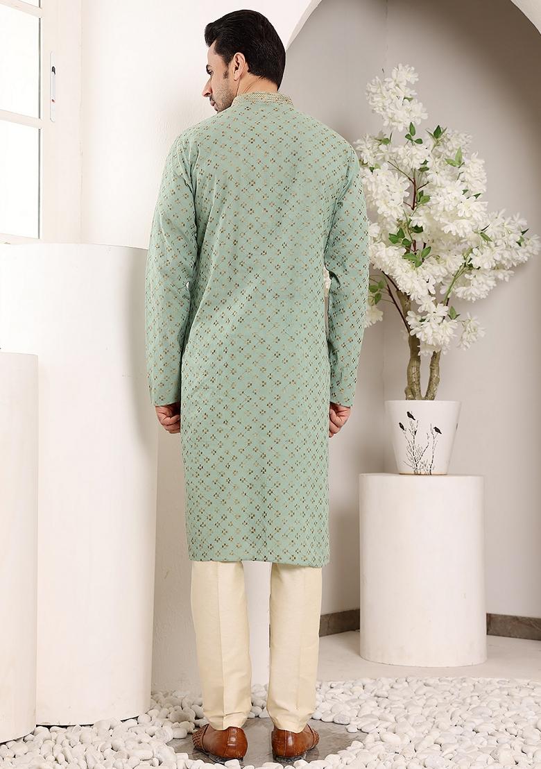 Sea Green Embellished Cotton Kurta For Men