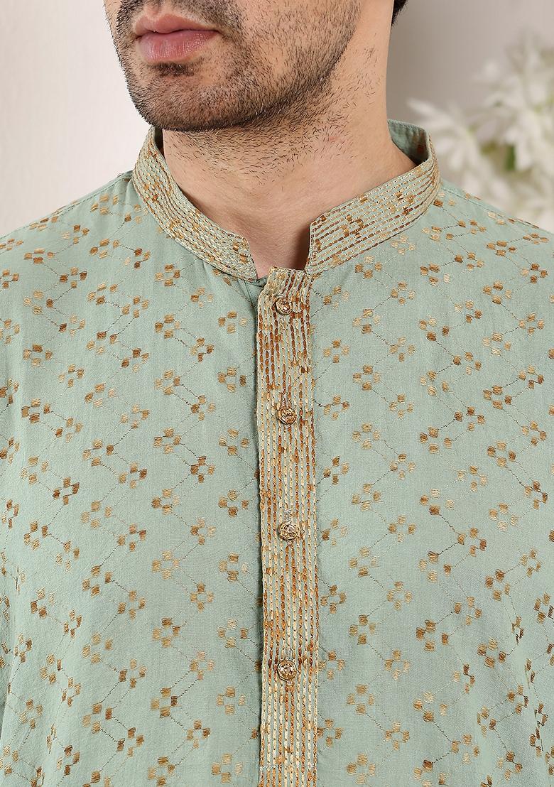 Sea Green Embellished Cotton Kurta For Men