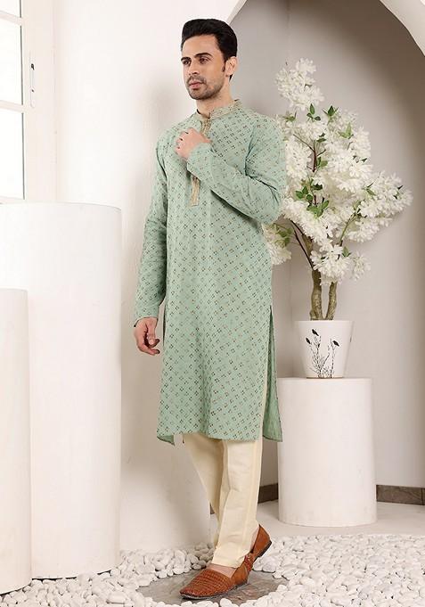 Sea Green Embellished Cotton Kurta For Men