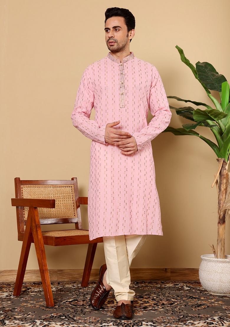 Pink Textured Cotton Kurta For Men