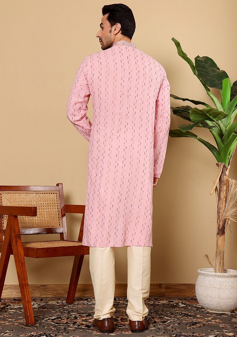 Pink Textured Cotton Kurta For Men