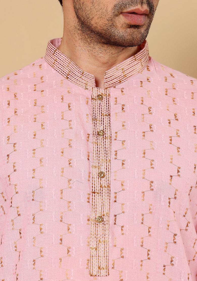 Pink Textured Cotton Kurta For Men