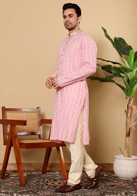 Pink Textured Cotton Kurta For Men