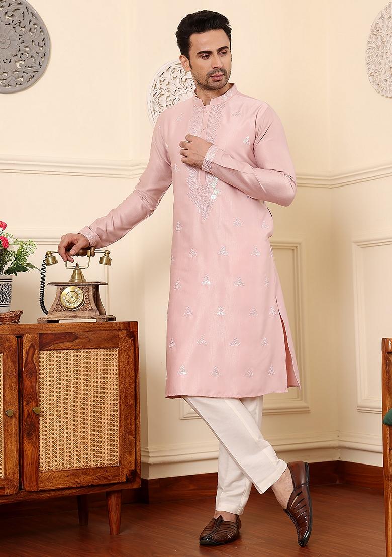 Pink Embellished Viscose Silk Kurta For Men