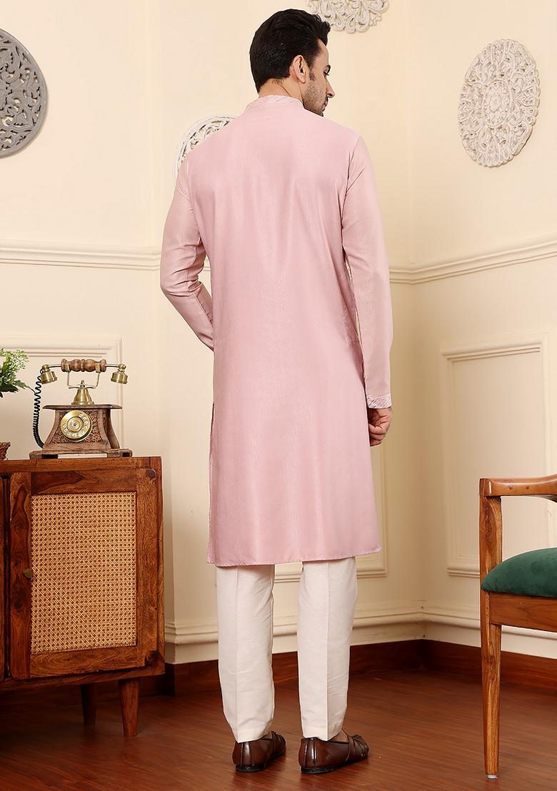 Pink Embellished Viscose Silk Kurta For Men