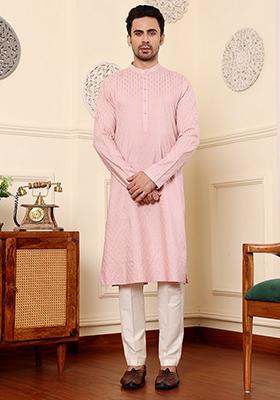 Pink Printed Viscose Silk Kurta For Men