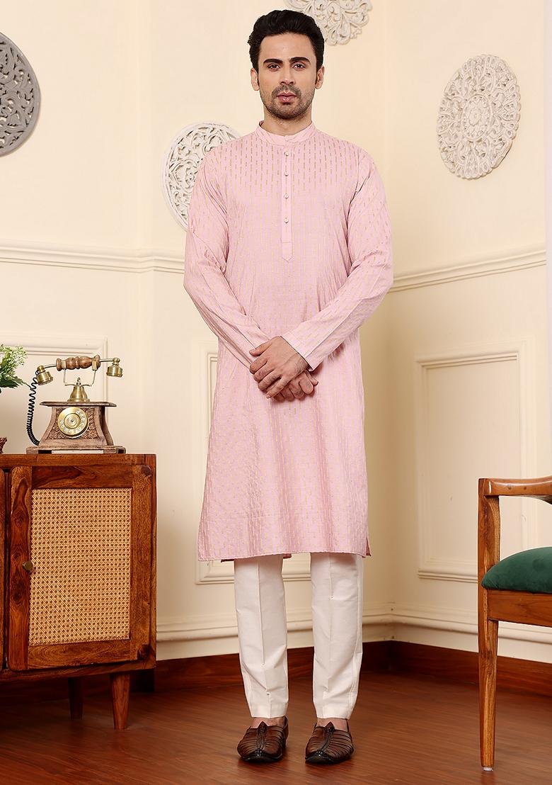 Pink Printed Viscose Silk Kurta For Men