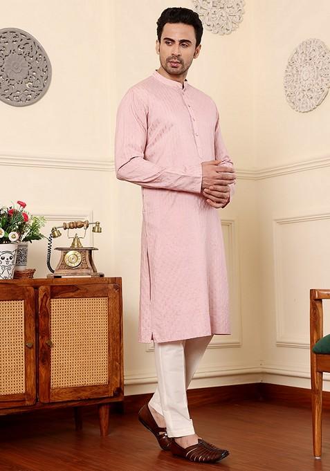 Pink Printed Viscose Silk Kurta For Men