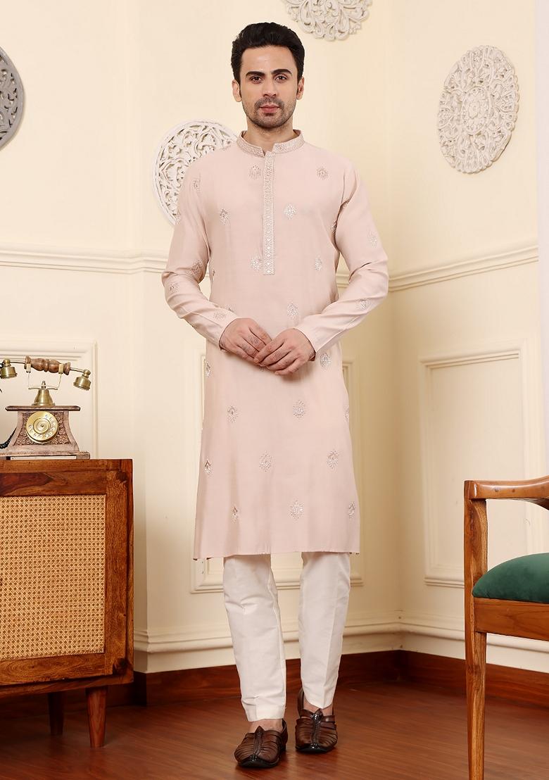 Peach Embellished Viscose Silk Kurta For Men
