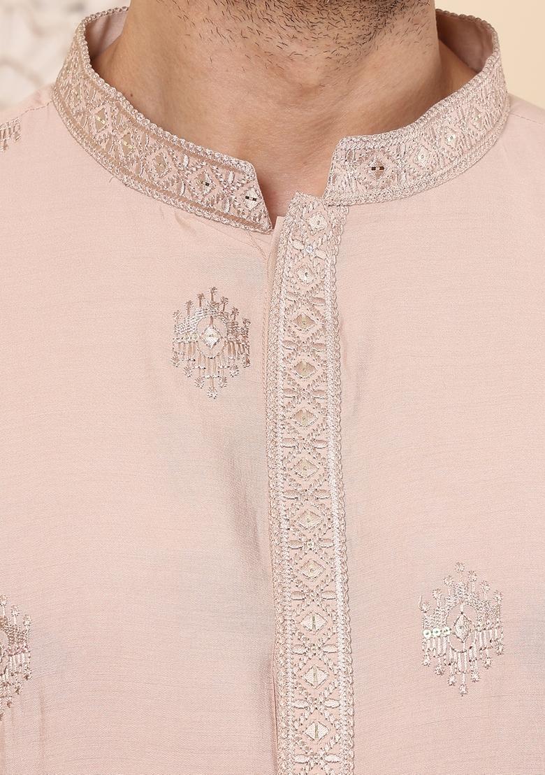 Peach Embellished Viscose Silk Kurta For Men