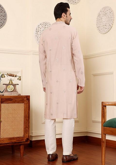 Peach Embellished Viscose Silk Kurta For Men