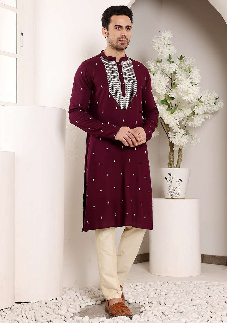 Maroon Embellished Viscose Silk Blend Kurta For Men - Indya