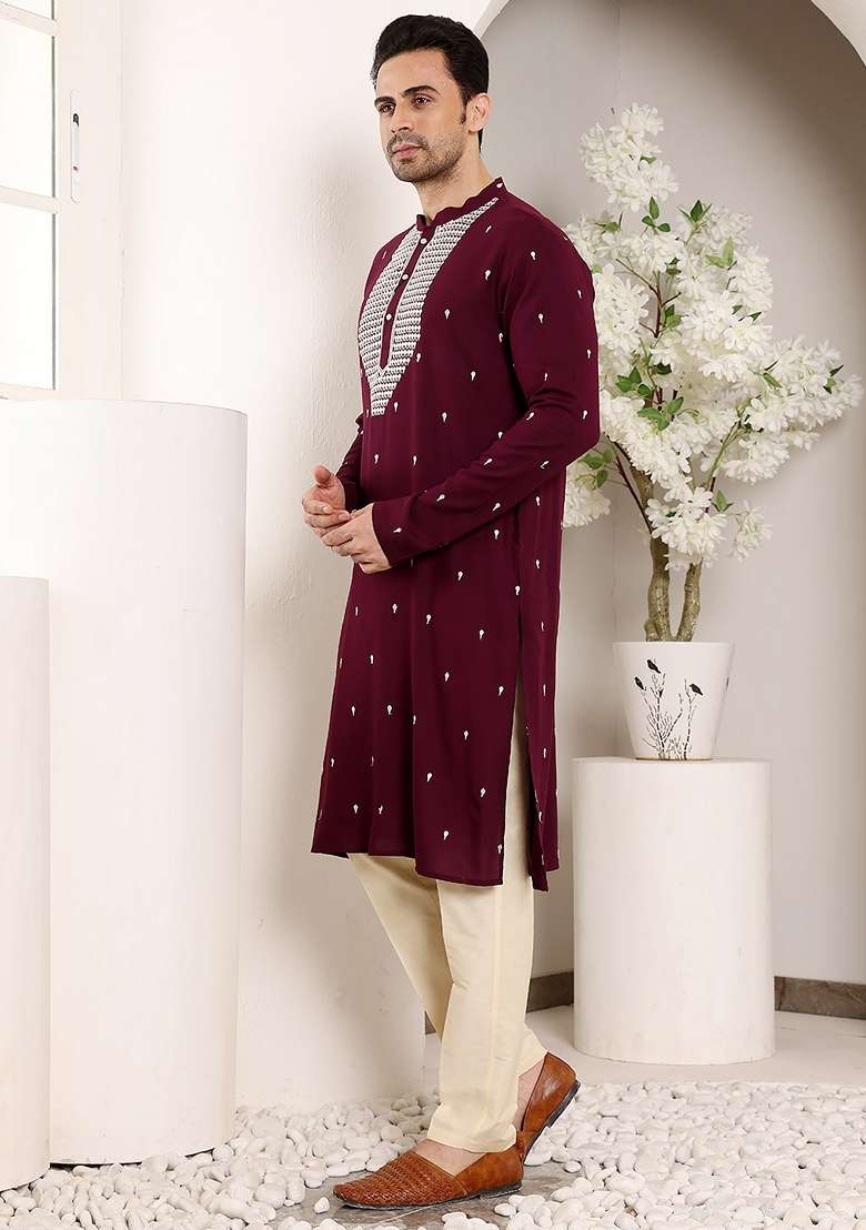 Maroon Embellished Viscose Silk Blend Kurta For Men - Indya