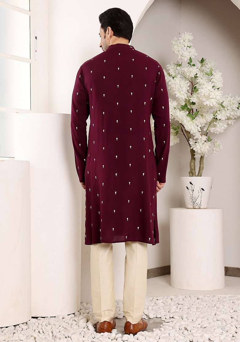 Maroon Embellished Viscose Silk Blend Kurta For Men - Indya