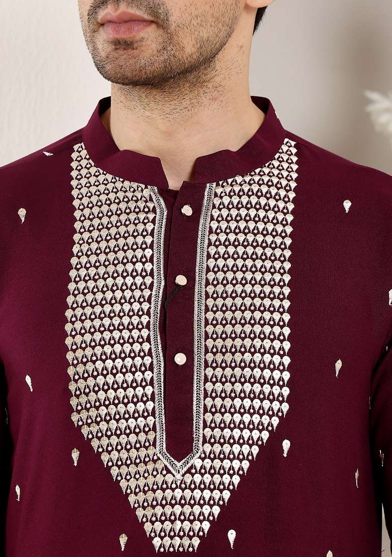 Maroon Embellished Viscose Silk Blend Kurta For Men - Indya