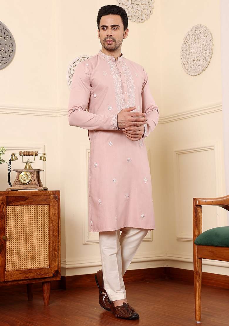 Pink Embellished Viscose Silk Blend Kurta For Men - Indya