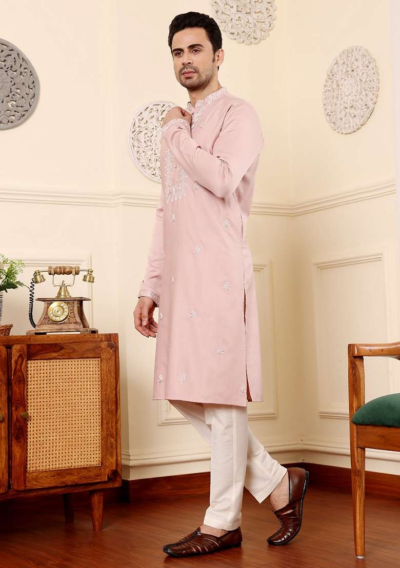 Pink Embellished Viscose Silk Blend Kurta For Men - Indya