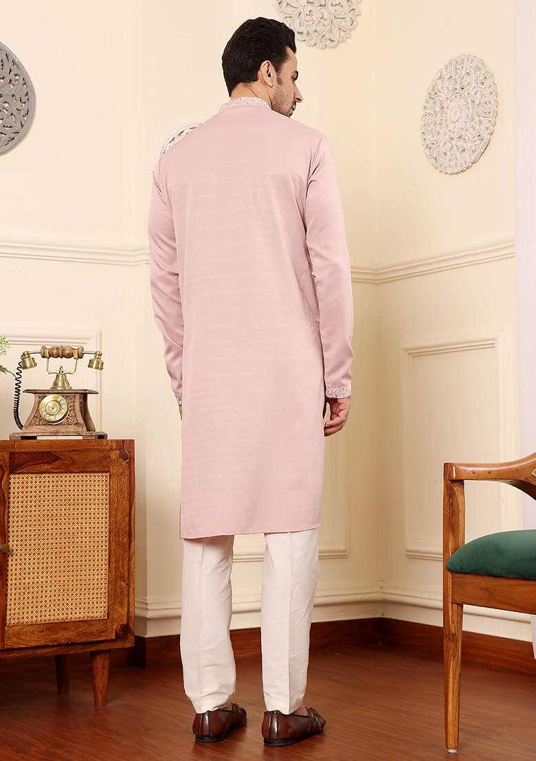 Pink Embellished Viscose Silk Blend Kurta For Men - Indya