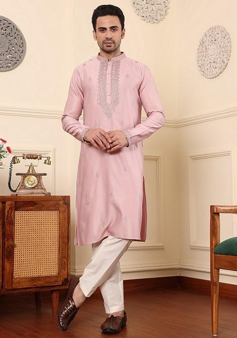Pink Embellished Viscose Silk Kurta For Men