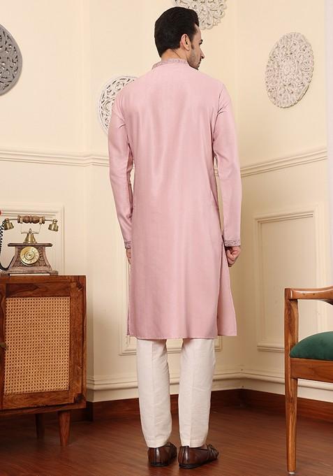 Pink Embellished Viscose Silk Kurta For Men