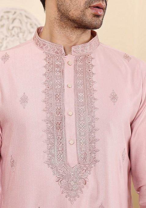 Pink Embellished Viscose Silk Kurta For Men