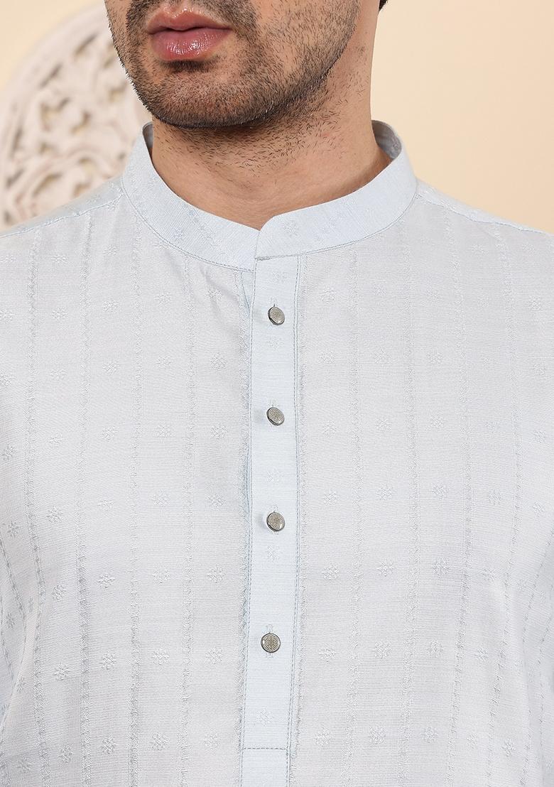 Light Blue Embellished Rayon Silk Kurta For Men