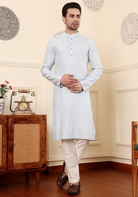 Light Blue Embellished Rayon Silk Kurta For Men