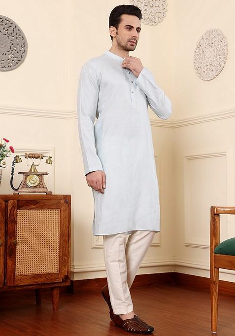 Light Blue Embellished Rayon Silk Kurta For Men