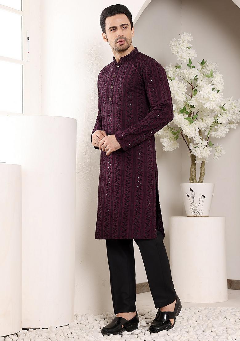 Purple Embellished Viscose Silk Kurta For Men