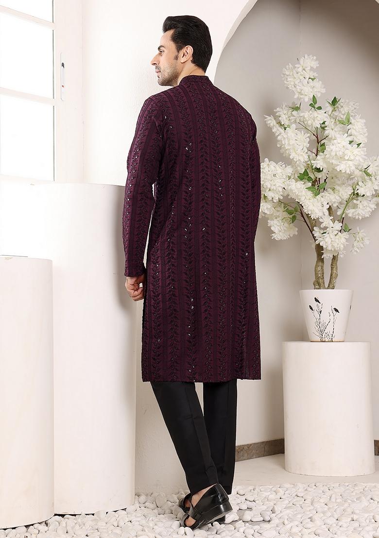 Purple Embellished Viscose Silk Kurta For Men
