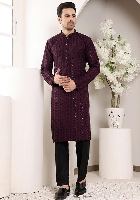 Purple Embellished Viscose Silk Kurta For Men