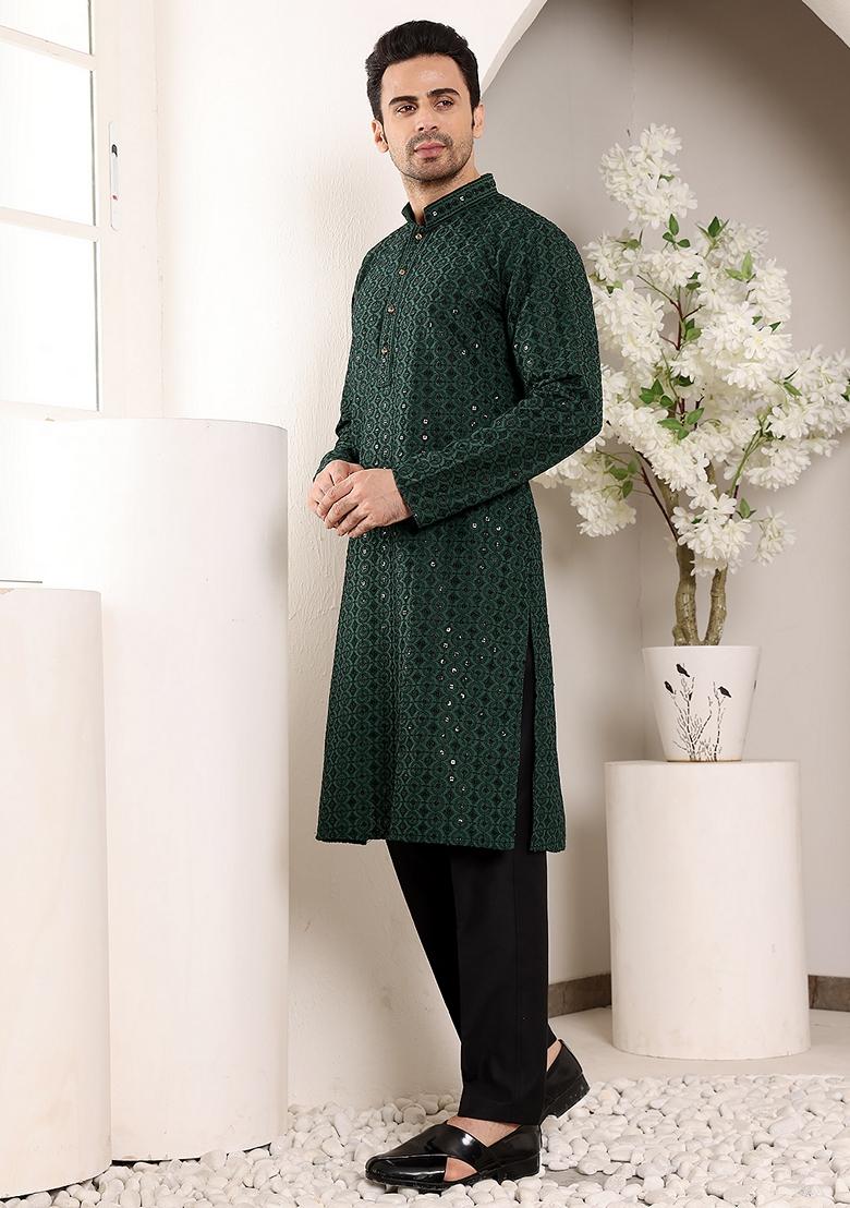 Dark Green Embellished Viscose Silk Kurta For Men