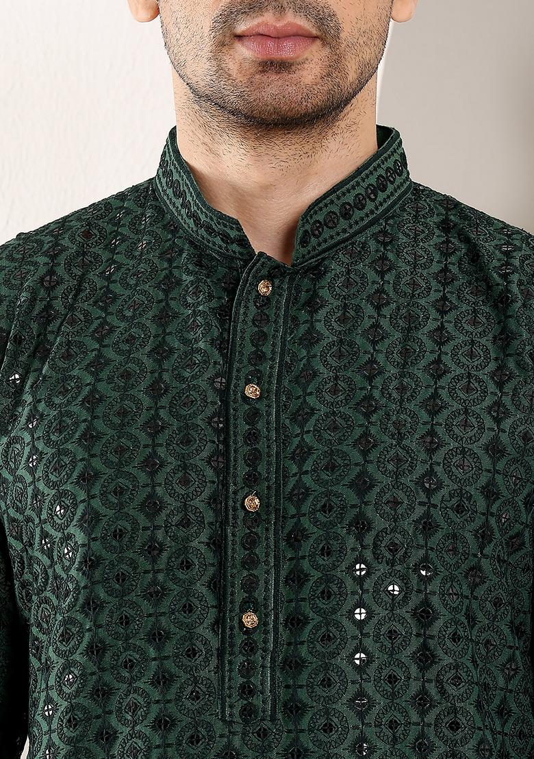 Dark Green Embellished Viscose Silk Kurta For Men