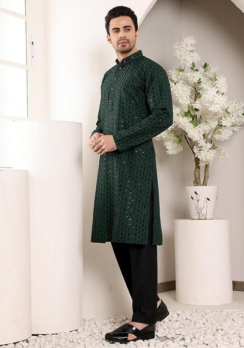 Dark Green Embellished Viscose Silk Kurta For Men