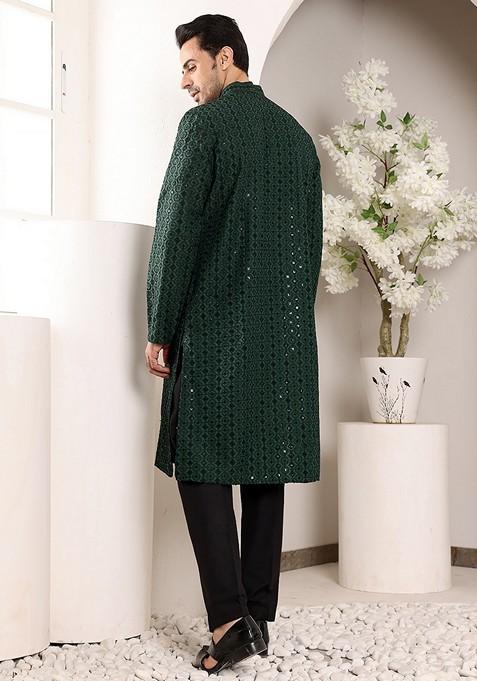 Dark Green Embellished Viscose Silk Kurta For Men