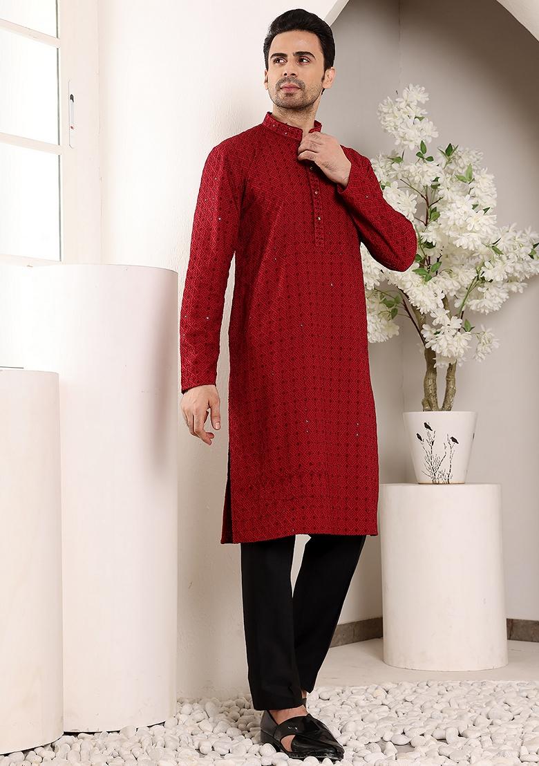 Red Embellished Viscose Silk Kurta For Men