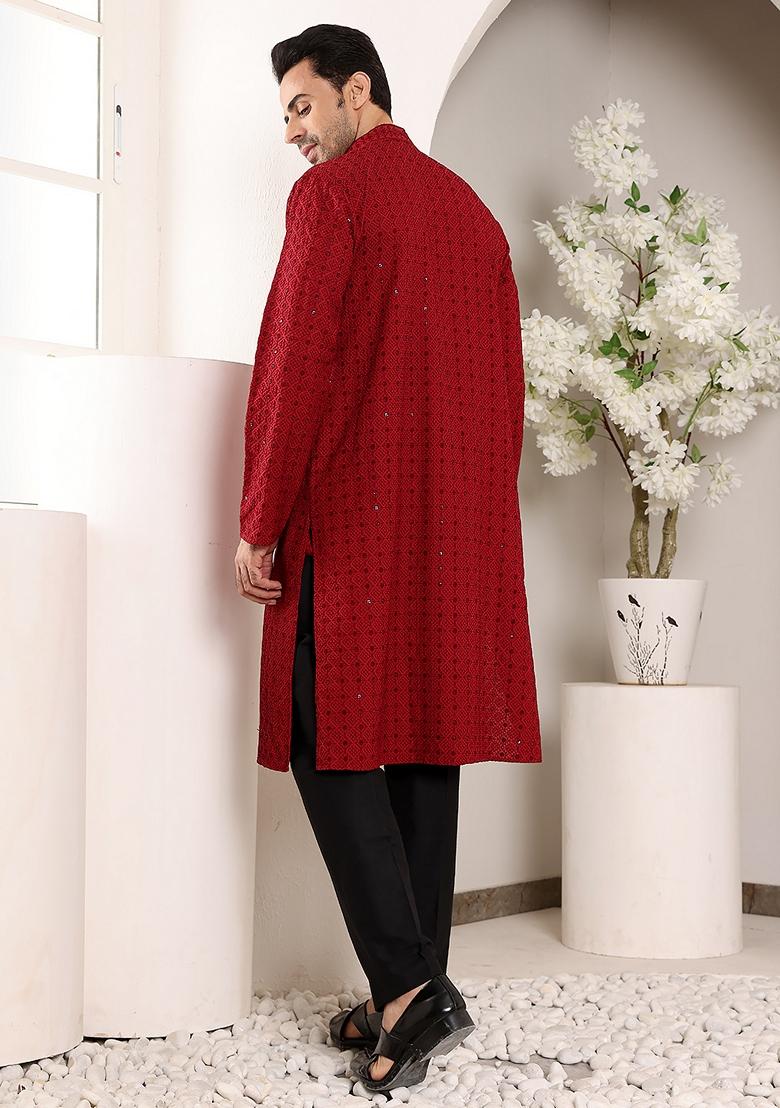 Red Embellished Viscose Silk Kurta For Men