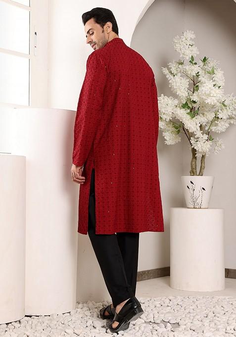 Red Embellished Viscose Silk Kurta For Men