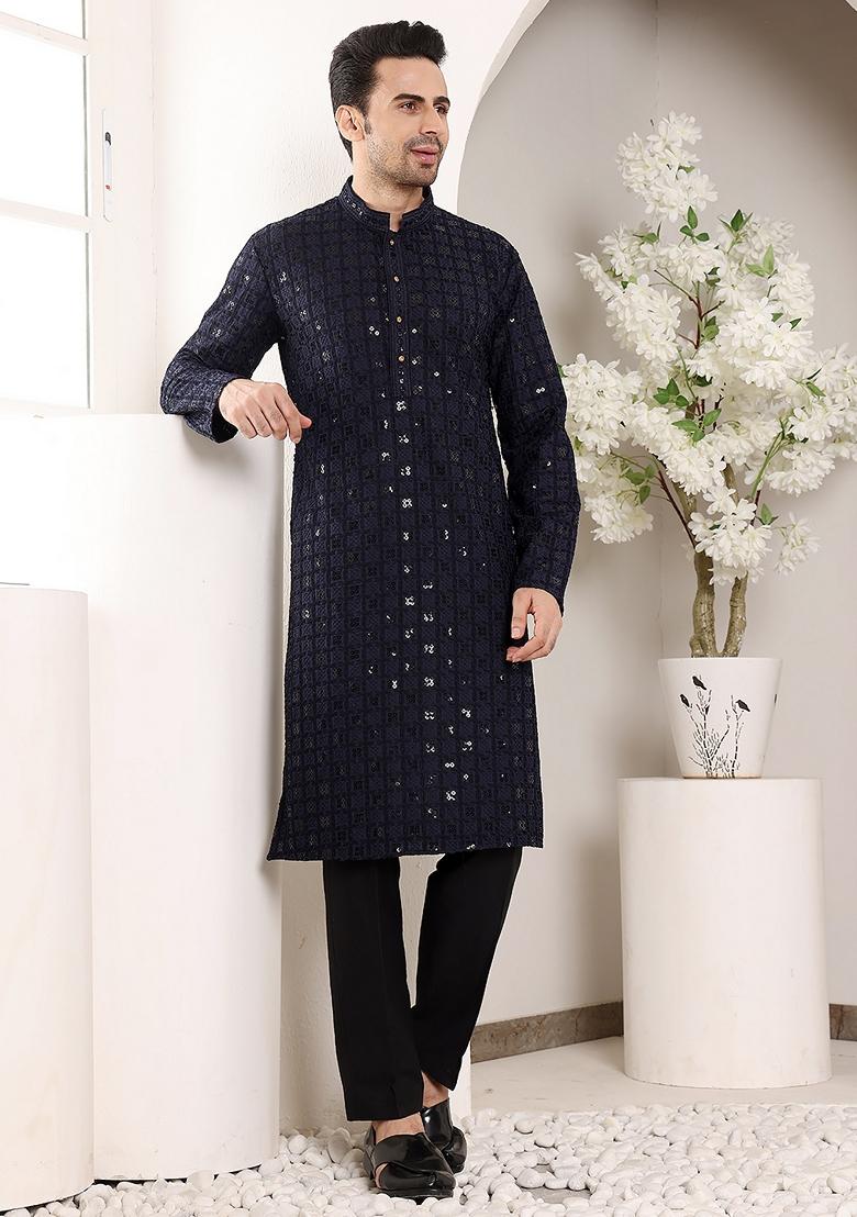 Black Embellished Viscose Silk Kurta For Men