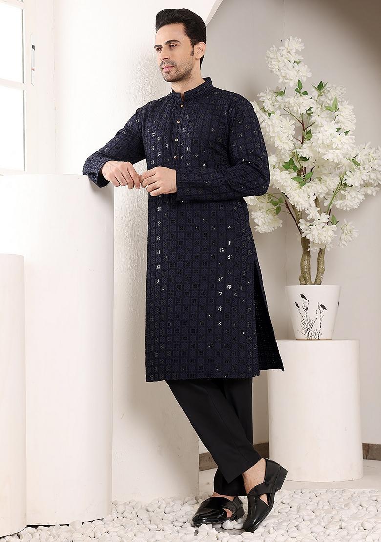 Black Embellished Viscose Silk Kurta For Men