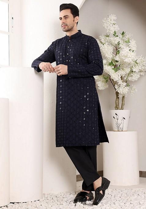 Black Embellished Viscose Silk Kurta For Men