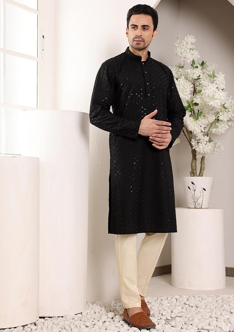 Black Embellished Viscose Silk Kurta For Men