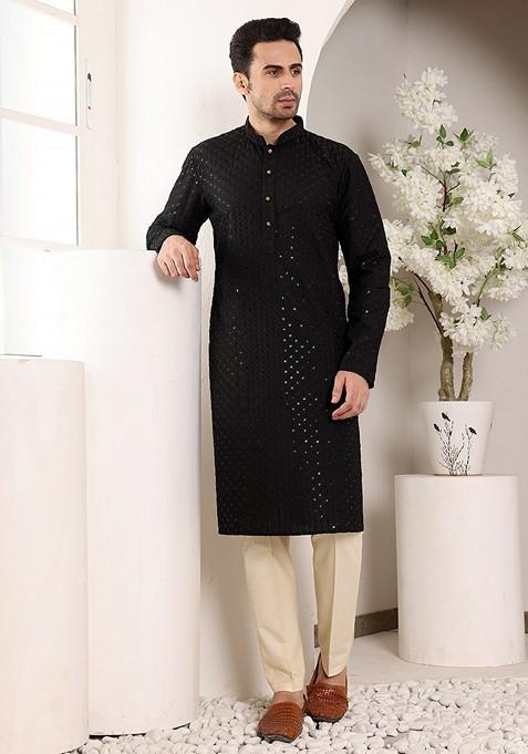 Black Embellished Viscose Silk Kurta For Men