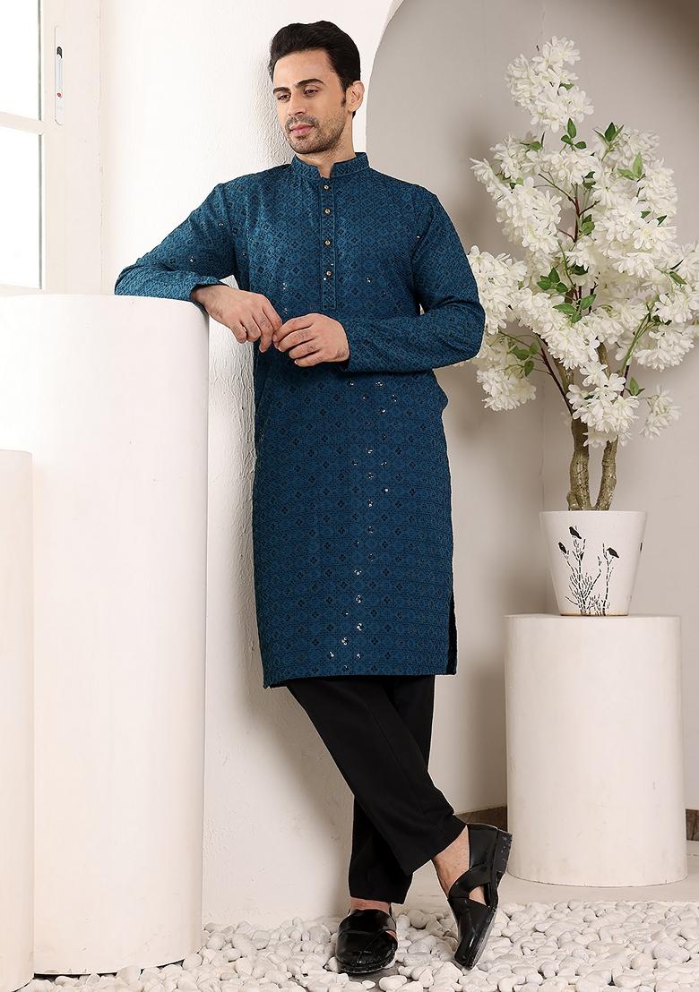 Blue Embellished Viscose Silk Kurta For Men