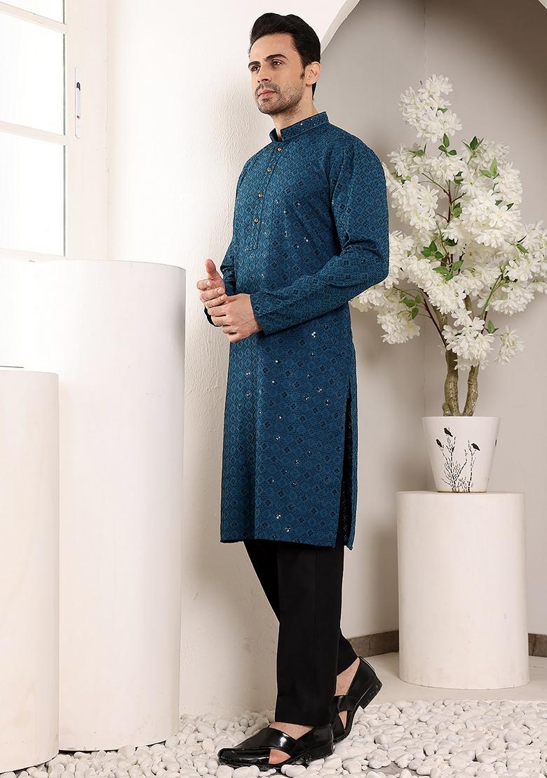 Blue Embellished Viscose Silk Kurta For Men