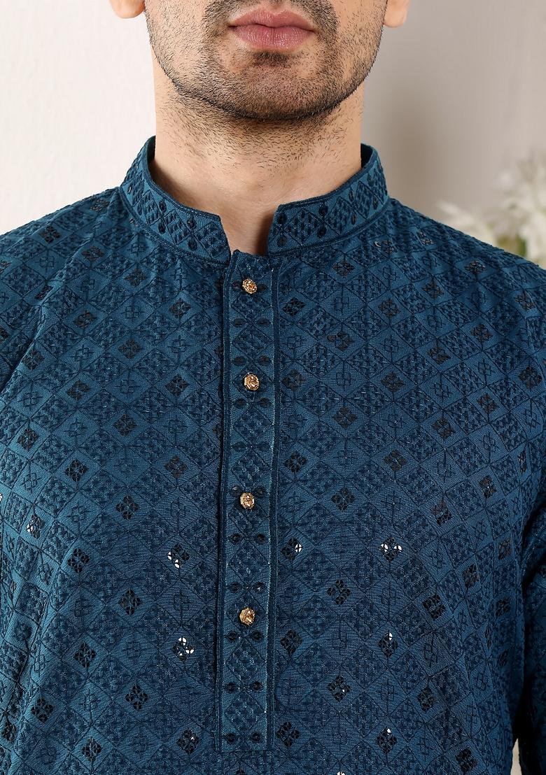 Blue Embellished Viscose Silk Kurta For Men
